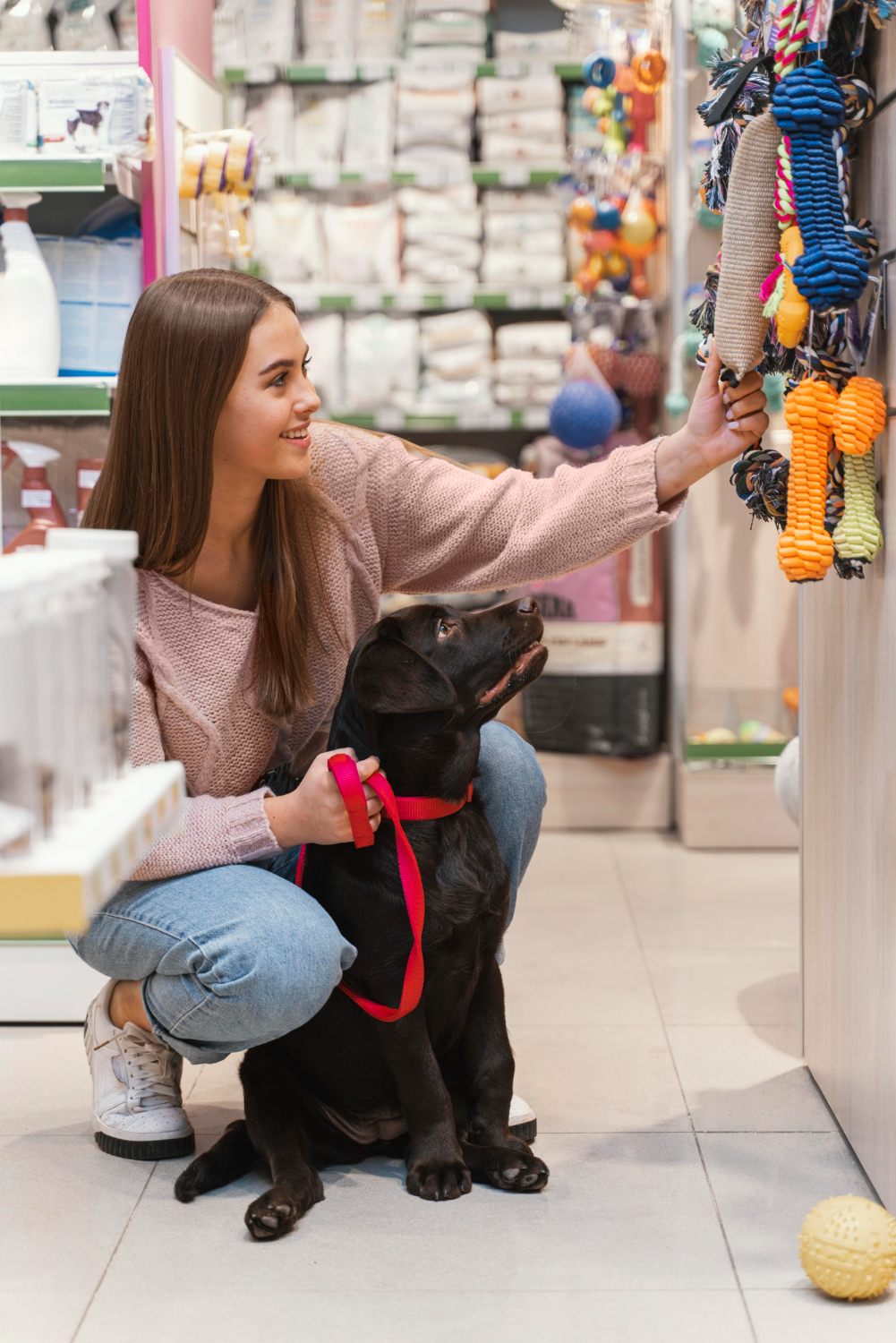 dog with owner at the pet shop