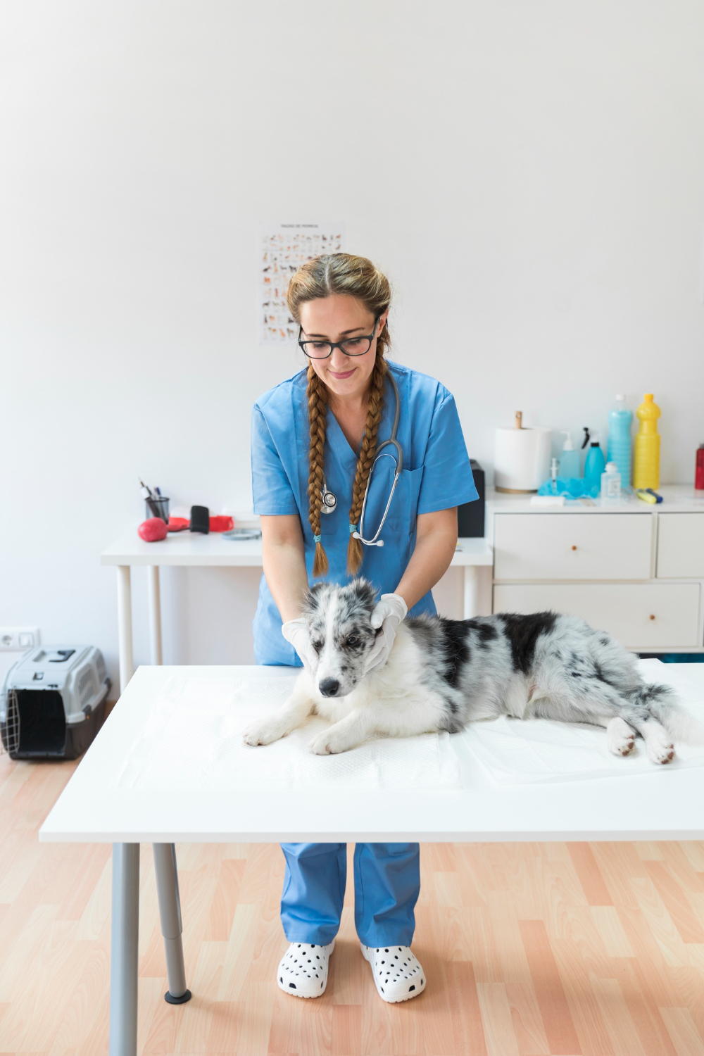 female veterinarian examining the dog lying on table
